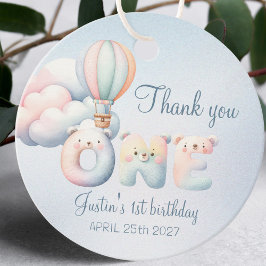 Baby jongen 1e verjaardag teddybeer luchtballonwol bedankjes labels