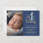 Baby jongen 1e verjaardag uitnodiging met foto (Voorkant)