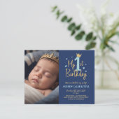 Baby jongen 1e verjaardag uitnodiging met foto (Staand voorkant)