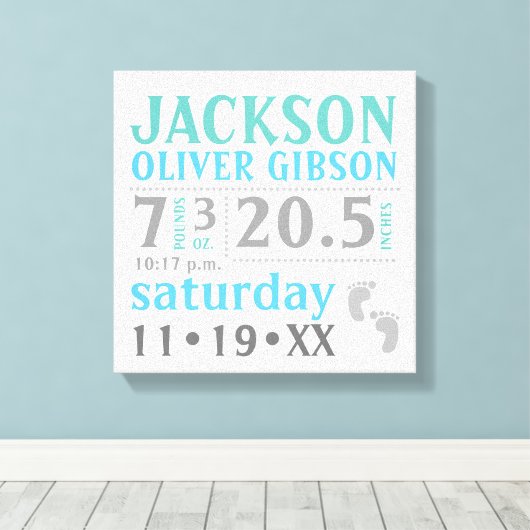 Baby jongen Aankondiging, blauw, groen, grijs Canvas Afdruk (Insitu (Houten vloer))