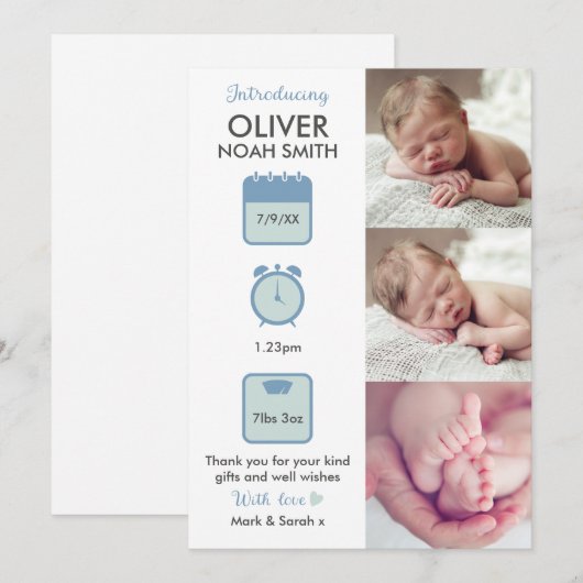 Baby jongen aankondiging / dank je kaart (Voorkant / Achterkant)