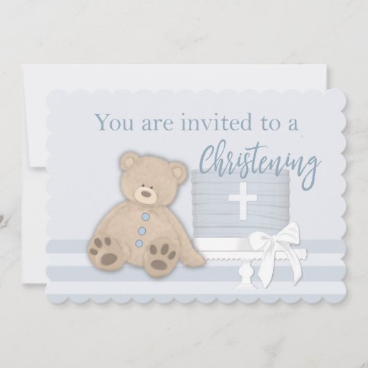 Baby Jongen Blauw Dopen Uitnodiging Taart Teddy Be (Voorkant)