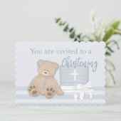 Baby Jongen Blauw Dopen Uitnodiging Taart Teddy Be (Staand voorkant)