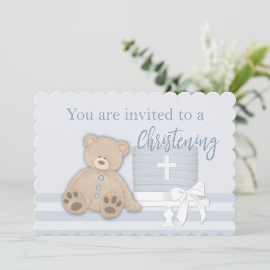 Baby Jongen Blauw Dopen Uitnodiging Taart Teddy Be (Staand voorkant)