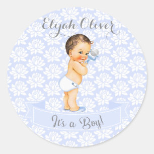 Baby Jongen Blauw Wit & Grijs Ronde Sticker