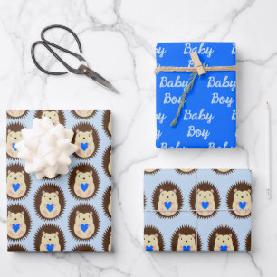 Baby Jongen Blauwe Hart Egel Nieuwe Baby Inpakpapier Vel