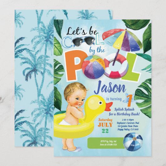 Baby jongen eerste verjaardag poolparty tropisch kaart (Voorkant / Achterkant)