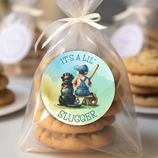 Baby jongen en hond | Lil Slugger | Baby Shower Ronde Sticker