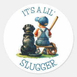 Baby jongen en hond | Lil Slugger | Baby Shower Ronde Sticker