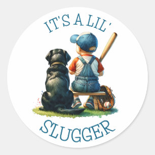Baby jongen en hond Lil Slugger Baby Shower Ronde Sticker