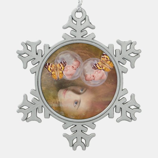 Baby jongen en meisjestweeling tin sneeuwvlok ornament (Voorkant)
