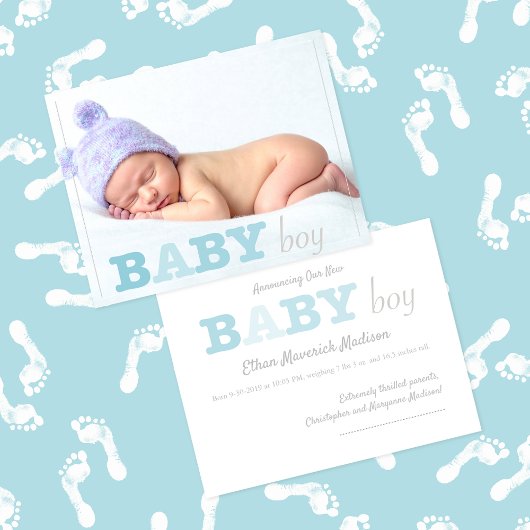 Baby Jongen Foto Blauwe belettering Aankondiging