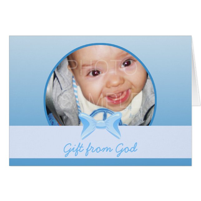 Baby jongen Foto Gift of God Blue bow Bible vers (Voorkant Horizontaal)