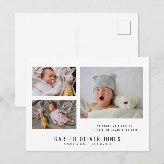 Baby Jongen Fotocollage Geboorte aankondiging Briefkaart (Voorkant / Achterkant)