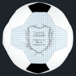 Baby Jongen Geboorte Aankondiging Sport Blauw Tijd Voetbal<br><div class="desc">Baby Boy Geboorte Aankondiging met de hand getrokken lauwerkrans in zwart, aangepaste ACHTERNAAM in zwart, aangepaste GEBOORTE AANKONDIGING INFO in zwart op pastelblauw & wit check achtergrond. Eenvoudig aan te passen Tekst, Tekstkleur, lettertypen. Geweldig voor ELKE nieuwe babyboy, voetbalfans, sportieve geboortekaartje, familie, nieuwe ouders, onthullen feest, baby shower thema. Lief,...</div>