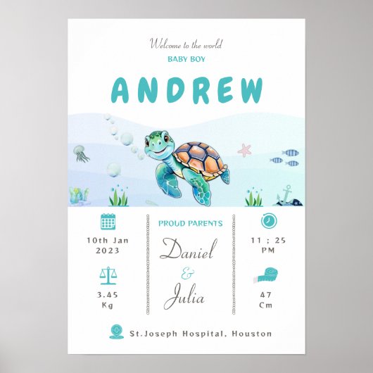 Baby jongen geboorte statistieken aquatisch thema  poster (Voorkant)