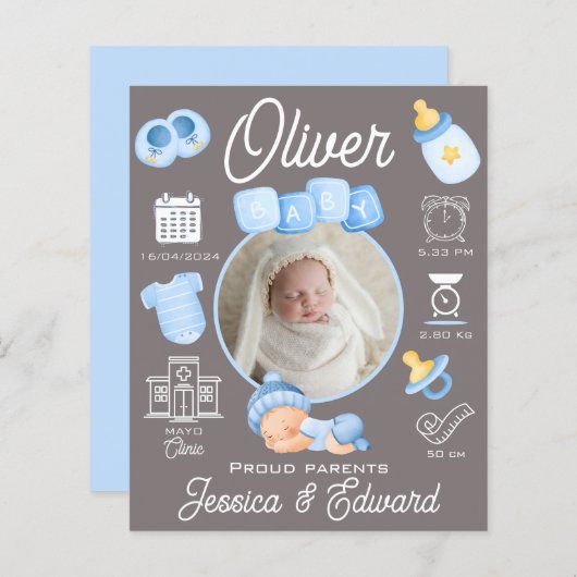 Baby Jongen Geboorte Stats Blauw Grijs Pasgeboren  (Voorkant / Achterkant)