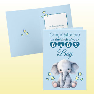 Baby jongen gefeliciteerd olifant blauw kaart