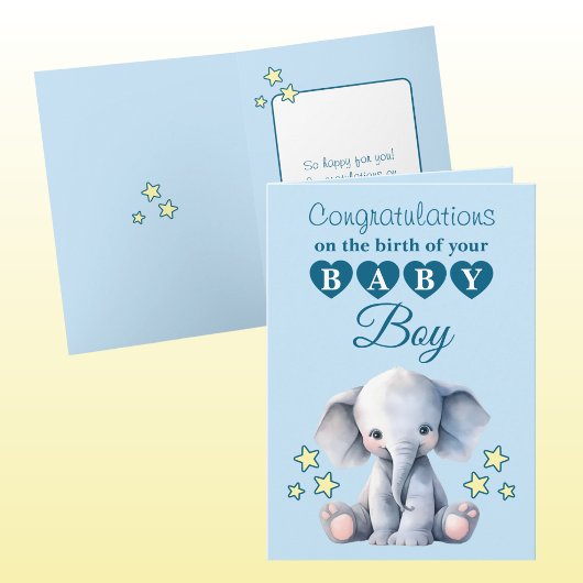 Baby jongen gefeliciteerd olifant blauw kaart