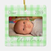 Baby jongen groen plaid sneeuwvlok eerste kerst keramisch ornament (Voorkant)