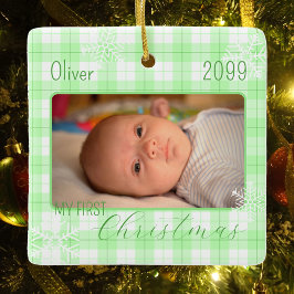 Baby jongen groen plaid sneeuwvlok eerste kerst keramisch ornament