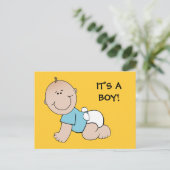 Baby jongen kruipt, het is een BOY! briefkaart (Staand voorkant)