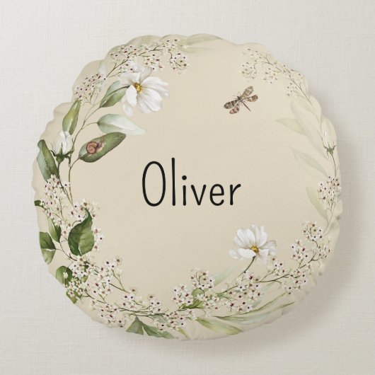 Baby Jongen Kwekerij Decor Waterverf Bloemen Rond Kussen (Voorkant)