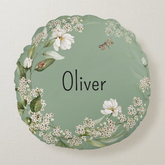 Baby Jongen Kwekerij Decor Waterverf Bloemen Rond Kussen (Voorkant)