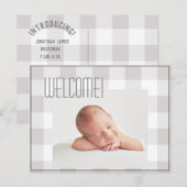 Baby Jongen Meisje Grijs Geruit Naam Geboorte Stat Aankondigingskaart (Voorkant / Achterkant)