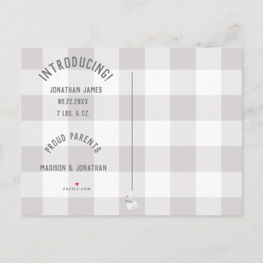Baby Jongen Meisje Grijs Geruit Naam Geboorte Stat Aankondigingskaart (Achterkant)