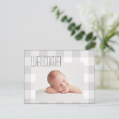 Baby Jongen Meisje Grijs Geruit Naam Geboorte Stat Aankondigingskaart (Staand voorkant)