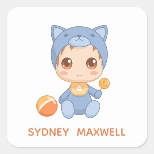 Baby Jongen Meisje Kat Jumpsuit Aangepaste Naam Vierkante Sticker (Voorkant)