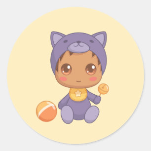 Baby Jongen Meisje Paarse Kat Overall Geel Ronde Sticker