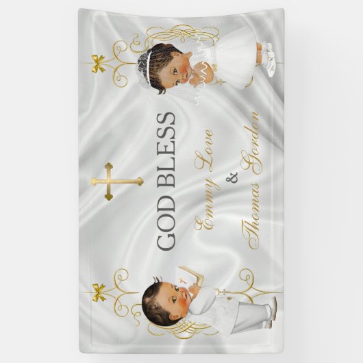 Baby Jongen & Meisje Tweelingen Doop Doop Goud Spandoek (Verticaal)
