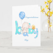 Baby jongen olifant met ballon, gefeliciteerd kaart (Gele Bloem)