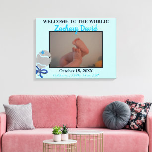 Baby Jongen Ratelaar Geboorte Stats 24" x 18" Uplo Canvas Afdruk