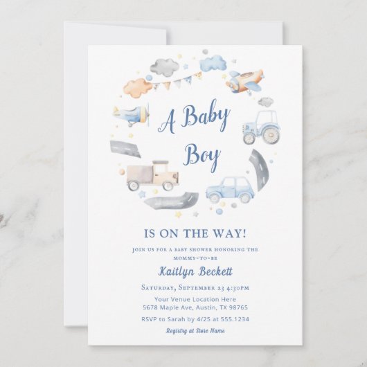 Baby Jongen Vervoer Auto's Baby shower Kaart (Voorkant)