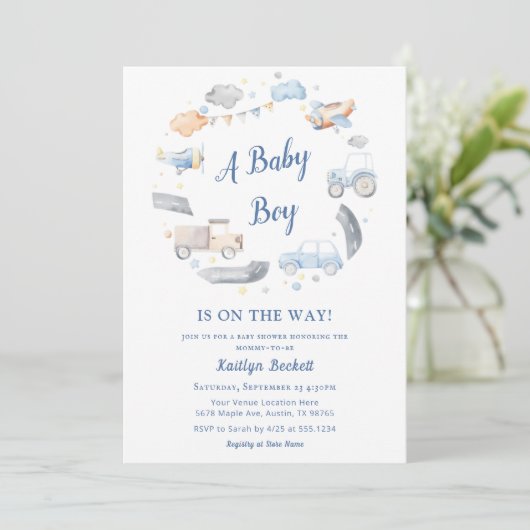 Baby Jongen Vervoer Auto's Baby shower Kaart (Staand voorkant)