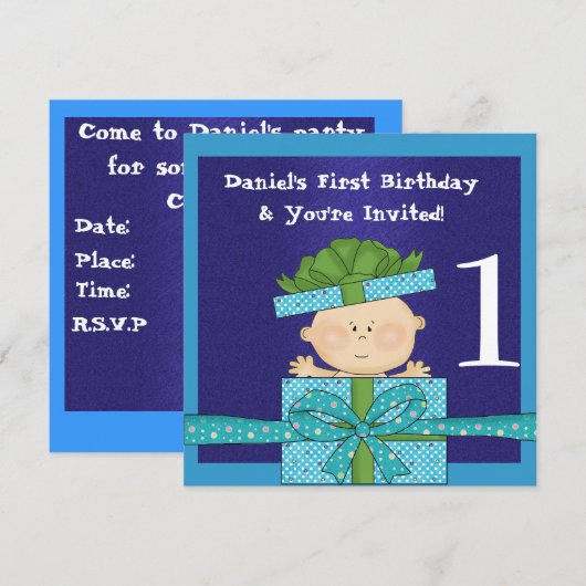 Baby jongens 1e verjaardag SJABLOON uitnodiging (Voorkant / Achterkant)