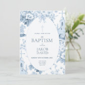 Baby Jongens Blauwe Bloemen Toile Doop Kaart (Staand voorkant)