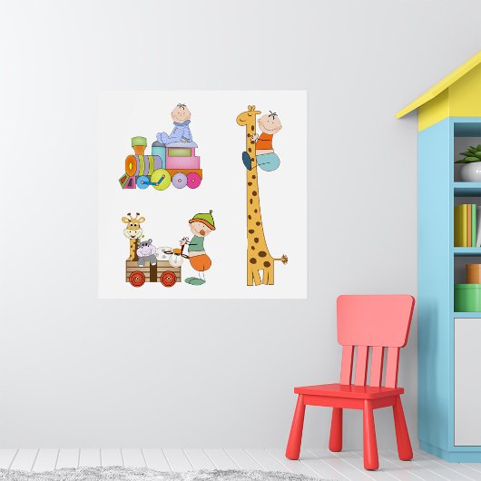 Baby Jongens met Kraam Train Giraffe en Wagen Poster