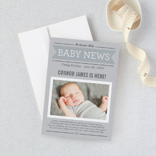 Baby Jongens Nieuws Modern Grijs Foto Geboorte Aankondiging