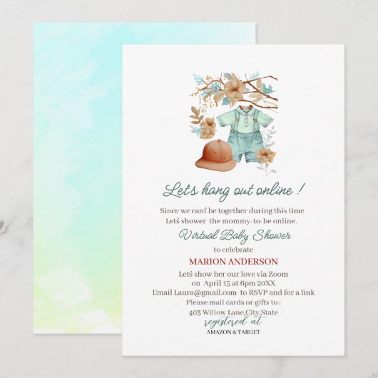 Baby-jongenskleding waterverf Virtueel Baby shower Kaart (Voorkant / Achterkant)