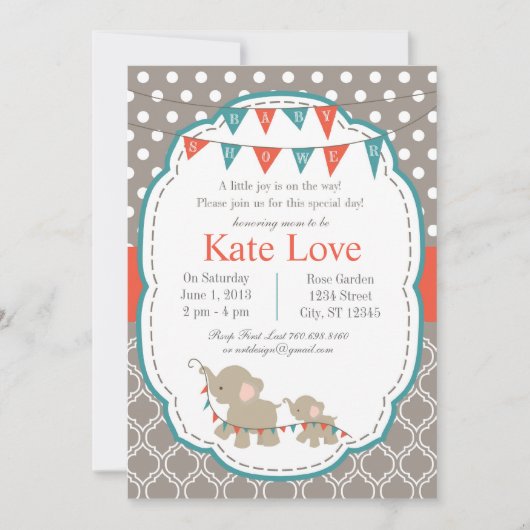 Baby Joy Elephant Douche Uitnodiging - Sinaasappel (Voorkant)