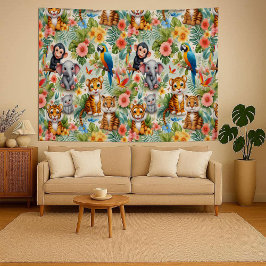 Baby Jungle Dieren Tropische Nursery Wandtapijt Wandkleed