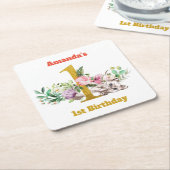 Baby kat en bloemen 1ste verjaardag kartonnen onderzetters (Schuin)