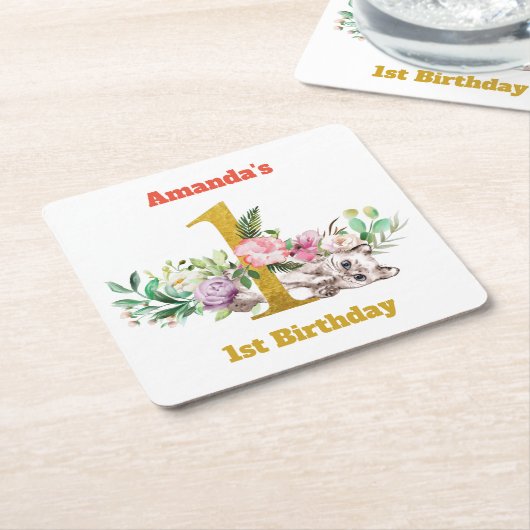 Baby kat en bloemen 1ste verjaardag kartonnen onderzetters (Schuin)