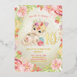 Baby Kat Waterverf Bloemen Meisje Verjaardag Folie Uitnodiging