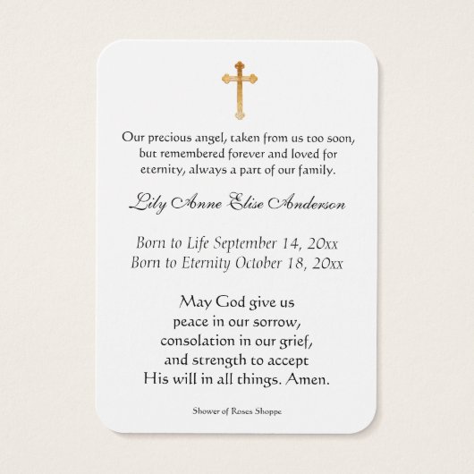 Baby katholieke begrafenis Memorial Heilige Visitekaartje (Achterkant)