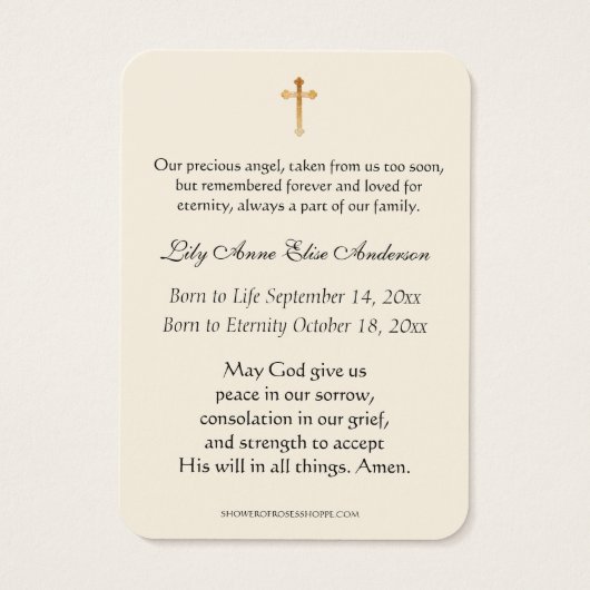 Baby katholieke begrafenis Memorial Heilige Visitekaartje (Achterkant)